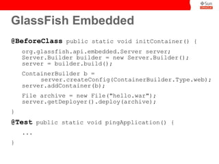 GlassFish Embedded
@BeforeClass public static void initContainer() {
    org.glassfish.api.embedded.Server server;
    Server.Builder builder = new Server.Builder();
    server = builder.build();
    ContainerBuilder b =
         server.createConfig(ContainerBuilder.Type.web);
    server.addContainer(b);
    File archive = new File("hello.war");
    server.getDeployer().deploy(archive);
}
@Test public static void pingApplication() {
    ...
}
 