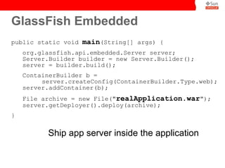 GlassFish Embedded
public static void main(String[] args) {
    org.glassfish.api.embedded.Server server;
    Server.Builder builder = new Server.Builder();
    server = builder.build();
    ContainerBuilder b =
         server.createConfig(ContainerBuilder.Type.web);
    server.addContainer(b);
    File archive = new File("realApplication.war");
    server.getDeployer().deploy(archive);
}


          Ship app server inside the application
 