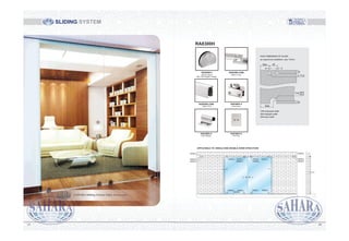RA8300H
SLIDING SYSTEM
RA8300H-1
RA8300H-4
RA8300H-2/4M
RA8300H-5 RA8300H-6
RA8300H-3/4M
3
Size 35
3
10
122
70+0.5
+0.2
18
Size
OW=overpanel width
SW=sidelight width
DW=door width
HOLE DIMENSION OF GLASS
as required by installation, size 110mm
50
RA8300H-4 RA8300H-4
RA8300H-5 RA8300H-5
RA8300H-4 RA8300H-4
50
RA8300H-5
RA8300H-6
RA8300H-3
RA8300H-5
RA8300H-6
RA8300H-3
RA8300H-1 RA8300H-1RA8300H-1RA8300H-1
RA8300H-2
10-12
9897
Bottom Wheel
Max. Door Weight: 100kgs.
Bottom Track
Upper Track Door Clamp
Door Stopper End Cap
APPLICABLE TO: SINGLE AND DOUBLE DOOR STRUCTURE
SAHARA Sliding System Glass Accessories
 