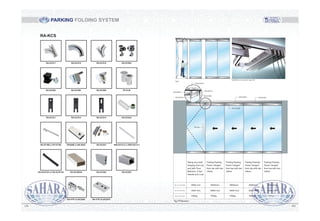 106105
PARKING FOLDING SYSTEM
Swing door leaf,
hanging from top,
and with Floor
Machine. It has
Handle and Lock.
Max. door leaf height 3500 mm 3500mm
Max. door leaf width 1000 mm 2000 mm
Max. door leaf load 150kg 150kg
Fig.19 Elevation
3500mm
2000 mm
150kg
3500mm
2000 mm
150kg
3500mm
2000 mm
150kg
Folding Parking
Panel, hanged
from top with two
rollers.
Folding Parking
Panel, hanged
from top with two
rollers.
Folding Parking
Panel, hanged
from top with two
rollers.
Folding Parking
Panel, hanged
from top with two
rollers.
Img.24.Zoom in accessories / upper slot
Fig.18
RA-KCS
RA-KCS17
RA-KCS04
RA-KCS11
RA-9118B or RT-9118D
RA-KCS15/2 or RA-KCS15/4
RA-VTS 14 (KCS26)
RA-KCS19 RA-KCS16 RA-KCS03
RA-KCS05 RA-KCS06 RT-9139
RA-KCS12 RA-KCS13 RA-KCS22
RS484B or RS-484D RA-KCS21 RSH-021/2.5 or RSH-021/3.2
RA-2010B/28 RA-KCS02 RA-KCS01
RA-VTS 16 (KCS27)
 
