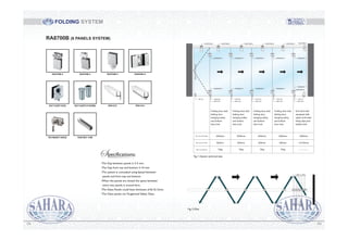 FOLDING SYSTEM
Fig.12.Plan
Fig.11.System technical data
End door leaf,
equipped with
upper and lower
fixing clips and
bottom bolt.
2500mm
900mm
70kg
Max. door leaf height 2500mm 2500mm
Max. door leaf width 900mm 900mm
Max. door leaf load 70kg 70kg
2500mm
900mm
70kg
2500mm
1/2+63mm
-The Gap between panels is 3-5 mm.
-The Gap from top and bottom 5-10 mm.
-The system is concealed using lipseal between
panels and from top and bottom.
-When the panels are closed the space between
every two panels is around 6cm.
-The Glass Panels could have thickness of 8,10,12mm.
-The Glass panels are Toughened Safety Glass.
Specifications:
RA8700B (6 PANELS SYSTEM)
RA8700B-2 RA8700B-3 RA8700B-4 RA8500H-8
RA7123(RT-52/S)
RA7060(RT-34S/S) RA8700C-1/4M
RSH-014RA7124(RT-9139/SM) RSH-012
122121
 