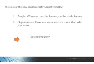 The rules of the new social market: “Social Symmetry” People: Whoever must be known, can be made known  Organisations: How you know matters more than who you know Sociodemocracy 