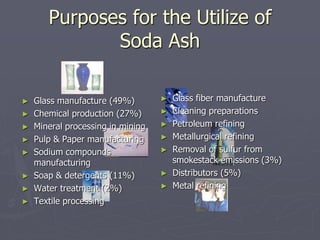 Purposes for the Utilize of
Soda Ash
► Glass manufacture (49%)
► Chemical production (27%)
► Mineral processing in mining
...