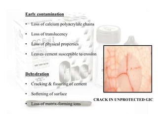 Early contamination
• Loss of calcium polyacrylate chains
• Loss of translucency
• Loss of physical properties
• Leaves cement susceptible to erosion
Dehydration
• Cracking & fissuring of cement
• Softening of surface
• Loss of matrix-forming ions
CRACK IN UNPROTECTED GIC
 