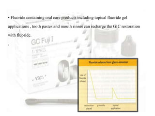 • Fluoride containing oral care products including topical fluoride gel
applications , tooth pastes and mouth rinses can recharge the GIC restoration
with fluoride.
.
 