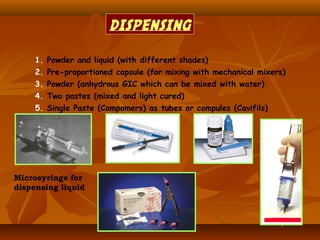 1. Powder and liquid (with different shades)
2. Pre-proportioned capsule (for mixing with mechanical mixers)
3. Powder (anhydrous GIC which can be mixed with water)
4. Two pastes (mixed and light cured)
5. Single Paste (Compomers) as tubes or compules (Cavifils)
Microsyringe for
dispensing liquid
DISPENSING
 