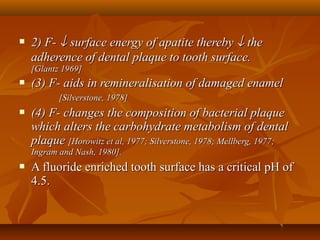  2) F-2) F- ↓↓ surface energy of apatite therebysurface energy of apatite thereby ↓↓ thethe
adherence of dental plaque to tooth surface.adherence of dental plaque to tooth surface.
[Glantz 1969][Glantz 1969]
 (3) F- aids in remineralisation of damaged enamel(3) F- aids in remineralisation of damaged enamel
[Silverstone, 1978][Silverstone, 1978]
 (4) F- changes the composition of bacterial plaque(4) F- changes the composition of bacterial plaque
which alters the carbohydrate metabolism of dentalwhich alters the carbohydrate metabolism of dental
plaqueplaque [Horowitz et al, 1977; Silverstone, 1978; Mellberg, 1977;[Horowitz et al, 1977; Silverstone, 1978; Mellberg, 1977;
Ingram and Nash, 1980].Ingram and Nash, 1980].
 A fluoride enriched tooth surface has a critical pH ofA fluoride enriched tooth surface has a critical pH of
4.5.4.5.
 