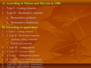 A) According to Wilson and McLean in 1988
1. Type I – Luting cements
2. Type II – Restorative cements
a. Restorative aesthetic
b. Restorative reinforced
B) According to application
1. 1.Type I – Luting cements
2. 2. Type II – Restorative cements
• Aesthetic filling materials
• Reinforced materials
3. 3. Type III – Lining cement
4. 4. Type IV – Fissure sealant
5. 5. Type V – Orthodontic cement
6. 6. Type VI – Core build up cement
7. Type VII- Intermediate Restorations
8. Type VIII- ART(ANT. restoration)
9. Type IX –ART( POST. restoration )
 