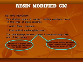 Two distinct types of curing / setting reactions occurTwo distinct types of curing / setting reactions occur
in this type of glass ionomer.in this type of glass ionomer.
Acid - Base reaction.Acid - Base reaction.
Free radical methacrylate cure.Free radical methacrylate cure.
The relationship between these 2 reactions may takeThe relationship between these 2 reactions may take
one of two forms.one of two forms.
SETTING REACTION ;
Formation of 2 separate matrix
An ionomer salt hydrogel &
Poly HEMA matrix
Multiple cross linking – Methacrylate
group replaces small fractions
Carboxylate groups of PAA
 