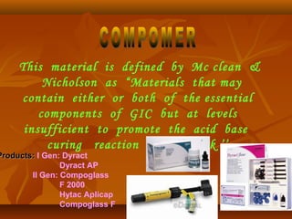 This material is defined by Mc clean &
Nicholson as “Materials that may
contain either or both of the essential
components of GIC but at levels
insufficient to promote the acid base
curing reaction in the dark ’’.
Products:Products: I Gen: Dyract
Dyract AP
II Gen: Compoglass
F 2000
Hytac Aplicap
Compoglass F
 