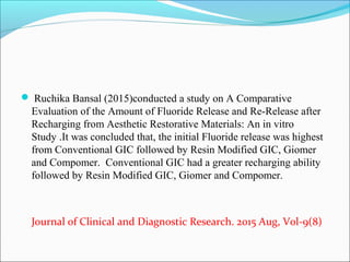  Ruchika Bansal (2015)conducted a study on A Comparative
Evaluation of the Amount of Fluoride Release and Re-Release after
Recharging from Aesthetic Restorative Materials: An in vitro
Study .It was concluded that, the initial Fluoride release was highest
from Conventional GIC followed by Resin Modified GIC, Giomer
and Compomer. Conventional GIC had a greater recharging ability
followed by Resin Modified GIC, Giomer and Compomer.
Journal of Clinical and Diagnostic Research. 2015 Aug, Vol-9(8)
 