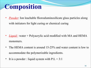 Composition
• Powder: Ion leachable flioroaluminosilicate glass particles along
with initiators for light curing or chemical curing
• Liquid : water + Polyacrylic acid modified with MA and HEMA
monomers.
• The HEMA content is around 15-25% and water content is low to
accommodate the polymerizable ingredients.
• It is a powder : liquid system with P:L = 3:1
55
 