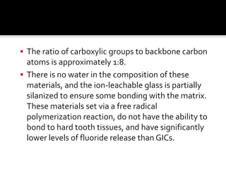  The ratio of carboxylic groups to backbone carbon

atoms is approximately 1:8.
 There is no water in the composition of these
materials, and the ion-leachable glass is partially
silanized to ensure some bonding with the matrix.
These materials set via a free radical
polymerization reaction, do not have the ability to
bond to hard tooth tissues, and have significantly
lower levels of fluoride release than GICs.

 