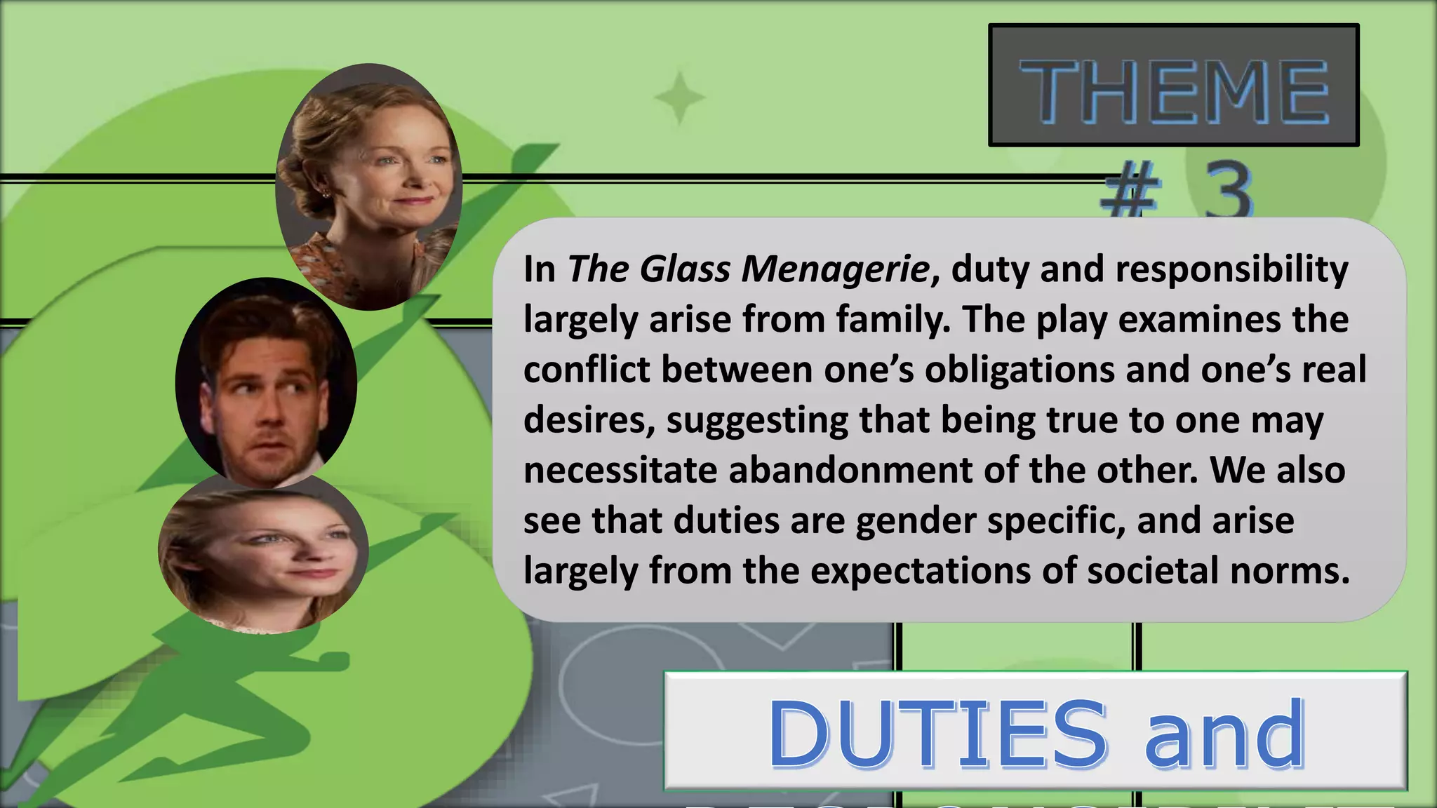 In The Glass Menagerie, duty and responsibility
largely arise from family. The play examines the
conflict between one’s obligations and one’s real
desires, suggesting that being true to one may
necessitate abandonment of the other. We also
see that duties are gender specific, and arise
largely from the expectations of societal norms.
 