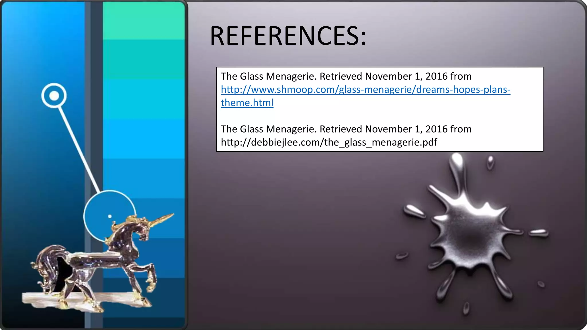 REFERENCES:
The Glass Menagerie. Retrieved November 1, 2016 from
http://www.shmoop.com/glass-menagerie/dreams-hopes-plans-
theme.html
The Glass Menagerie. Retrieved November 1, 2016 from
http://debbiejlee.com/the_glass_menagerie.pdf
 