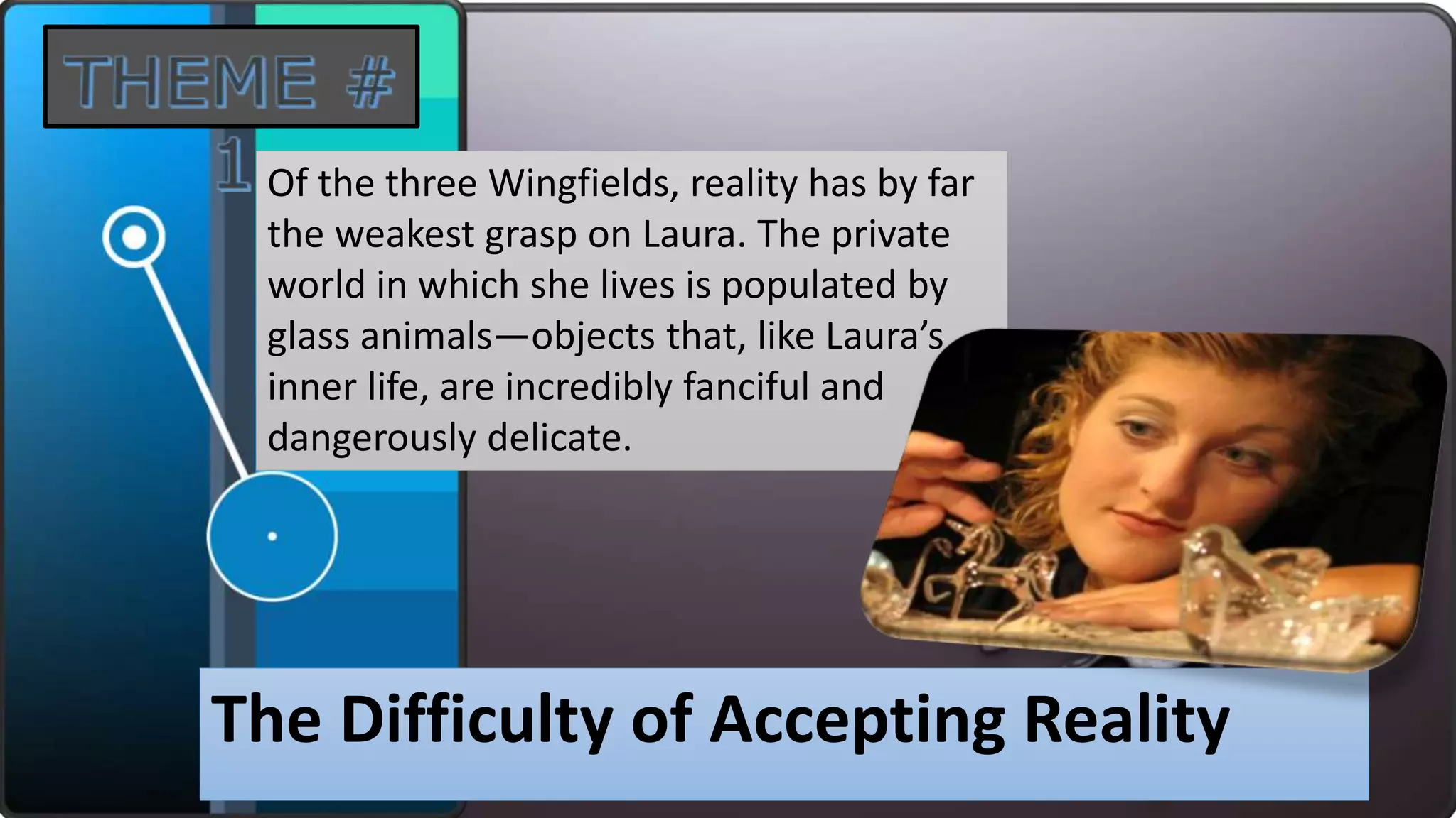 The Difficulty of Accepting Reality
Of the three Wingfields, reality has by far
the weakest grasp on Laura. The private
world in which she lives is populated by
glass animals—objects that, like Laura’s
inner life, are incredibly fanciful and
dangerously delicate.
 