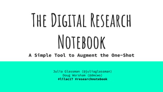The Digital Research
NotebookA Simple Tool to Augment the One-Shot
Julia Glassman (@juliaglassman)
Doug Worsham (@dmcwo)
#lilac17 #researchnotebook
 