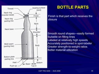 BOTTLE PARTS

          Finish is that part which receives the
          closure




         Smooth round shapes---easily formed
         Suitable on filling lines
         Labeled at relatively high speeds
         Accurately positioned in spot-labeler
         Greater strength-to-weight ratios
         Better material utilization




CSP TRG AIDS - AUG 2008                       35
 