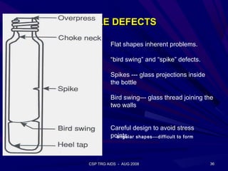BOTTLE DEFECTS

           Flat shapes inherent problems.

           “bird swing” and “spike” defects.

           Spikes --- glass projections inside
           the bottle

           Bird swing--- glass thread joining the
           two walls


           Careful design to avoid stress
           points. shapes---difficult to form
             angular




  CSP TRG AIDS - AUG 2008                        36
 