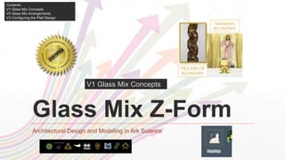 Glass Mix Z-Form
Architectural Design and Modeling in Ark Science
MDIA
Contents
V1 Glass Mix Concepts
V2 Glass Mix Arrangements
V3 Configuring the Plait Design
PILLARS OF
ECONOMY
Salvation’s
ECONOMY
V1 Glass Mix Concepts
 