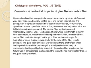 Christopher Wonderlya, VOL . 36 (2005) 
Comparison of mechanical properties of glass fiber and carbon fiber 
Glass and carbon fiber composite laminates were made by vacuum infusion of 
vinyl ester resin into bi axially knitted glass and carbon fiber fabrics. The 
strengths of the glass and carbon fiber specimens in tension, compression, 
open hole tension, open hole compression, transverse tension, indentation and 
ballistic impact were compared. The carbon fiber laminates proved 
mechanically superior under loading conditions where the strength is mainly 
fiber dominated, i.e. under tensile loading and indentation. The ratio of the 
carbon fiber laminate strength to the glass fiber laminate strength, for 
laminates of equal thickness, was similar to the ratio of the fiber tensile 
strengths. The glass fiber laminates were equally strong or stronger under 
loading conditions where the strength is mainly resin dominated, i.e. 
compressive loading and ballistic impact. In the carbon fiber specimens, the 
failure was in general more localized and the strengths had more scatter than in 
the glass fiber specimens. 
 