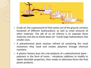  Crude oil, the unprocessed oil that comes out of the ground, contains 
hundreds of different hydrocarbons, as well as small amounts of 
other materials. The job of an oil refinery is to separate these 
materials and also to break down (or "crack) large hydrocarbons into 
smaller ones. 
 A petrochemical plant receives refined oil containing the small 
monomers they need and creates polymers through chemical 
reactions. 
 A plastics factory buys the end products of a petrochemical plant - 
polymers in the form of resins - introduces additives to modify or 
obtain desirable properties, then molds or otherwise forms the final 
plastic products. 
 