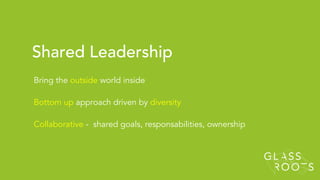 Bring the outside world inside
Bottom up approach driven by diversity
Collaborative - shared goals, responsabilities, ownership
Shared Leadership
 