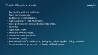 What do YOU get from Squads:
• Connection with the customer.
• Team communication.
• Cadence of weekly releases.
• High Autonomy + High Alignment.
• Cross-pollination of skills and knowledge areas.
• Learning.
• Agile over Scrum.
• Principles over Practices.
• Community over Structure.
• Trust over Control.
• Reward and satisfaction from achieving and delivering short living outcomes.
• Opportunities for growth and professional development.
 