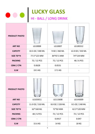 8
PRODUCT PHOTO
ART NO LG10008 LG10007 LG100312
CAPCITY 10.5 OZ / 300 ML 9 OZ / 260 ML 12.0 OZ / 350 ML
SIZE TD*H 77.5*125 MM 84*87.5 MM 74*134 MM
PACKING 72 / 12 PCS 72 / 12 PCS 48 / 6 PCS
CBM / CTN 0.0628 0.0531 -
G.W 19.5 KG 17.5 KG -
PRODUCT PHOTO
ART NO LG103011 LG113608 LG143009
CAPCITY 11.0 OZ / 310 ML 8.0 OZ / 228 ML 8.5 OZ / 240 ML
SIZE TD*H 62*160 ML 72*82 MM 62.5*120 MM
PACKING 48 / 6 PCS 72 / 12 PCS 72 / 12 PCS
CBM / CTN - 0.0417 0.047
G.W 15.6 KG 14 KG 18 KG
LUCKY GLASS
HI - BALL / LONG DRINK
 