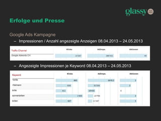 Erfolge und Presse
Google Ads Kampagne
– Impressionen / Anzahl angezeigte Anzeigen 08.04.2013 – 24.05.2013
– Angezeigte Impressionen je Keyword 08.04.2013 – 24.05.2013
 