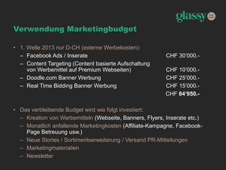 Verwendung Marketingbudget
• 1. Welle 2013 nur D-CH (externe Werbekosten):
– Facebook Ads / Inserate CHF 30‘000.-
– Content Targeting (Content basierte Aufschaltung
von Werbemittel auf Premium Webseiten) CHF 10‘000.-
– Doodle.com Banner Werbung CHF 25‘000.-
– Real Time Bidding Banner Werbung CHF 15‘000.-
CHF 84‘950.-
• Das verbleibende Budget wird wie folgt investiert:
– Kreation von Werbemitteln (Webseite, Banners, Flyers, Inserate etc.)
– Monatlich anfallende Marketingkosten (Affiliate-Kampagne, Facebook-
Page Betreuung usw.)
– Neue Stories / Sortimentserweiterung / Versand PR-Mitteilungen
– Marketingmaterialien
– Newsletter
 