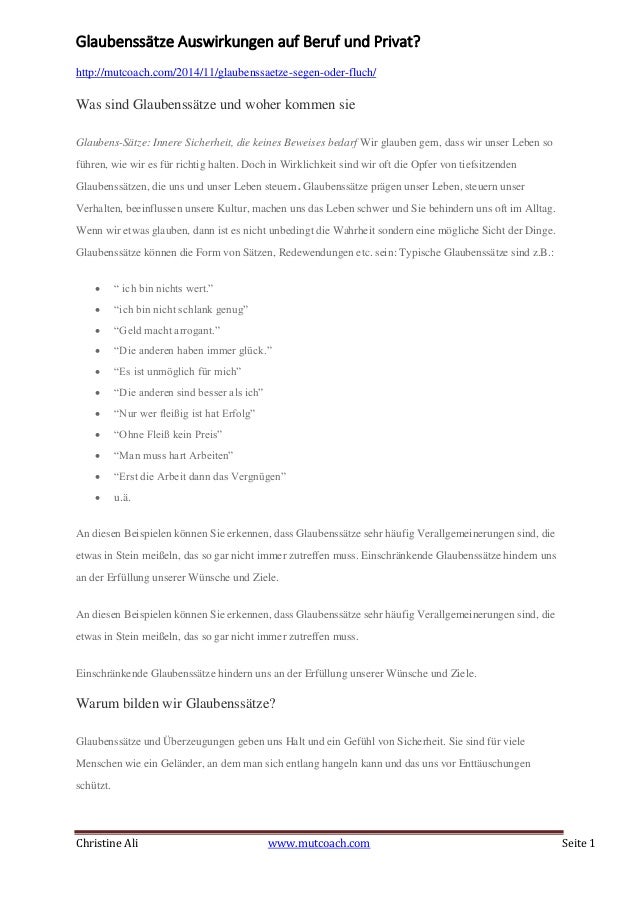 christine ali wwwmutcoachcom seite 1 glaubensstze auswirkungen auf beruf und privat - Glaubenssatze Beispiele christine ali wwwmutcoachcom seite 1 glaubensstze auswirkungen auf beruf und privat - Glaubenssatze Beispiele