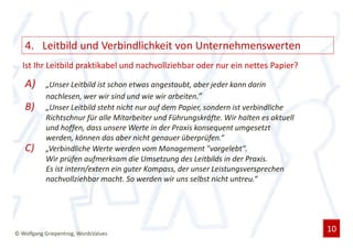 4. Leitbild und Verbindlichkeit von Unternehmenswerten
  Ist Ihr Leitbild praktikabel und nachvollziehbar oder nur ein nettes Papier?

   A)      „Unser Leitbild ist schon etwas angestaubt, aber jeder kann darin
           nachlesen, wer wir sind und wie wir arbeiten.“
   B)      „Unser Leitbild steht nicht nur auf dem Papier, sondern ist verbindliche
           Richtschnur für alle Mitarbeiter und Führungskräfte. Wir halten es aktuell
           und hoffen, dass unsere Werte in der Praxis konsequent umgesetzt
           werden, können das aber nicht genauer überprüfen.“
   C)      „Verbindliche Werte werden vom Management "vorgelebt".
           Wir prüfen aufmerksam die Umsetzung des Leitbilds in der Praxis.
           Es ist intern/extern ein guter Kompass, der unser Leistungsversprechen
           nachvollziehbar macht. So werden wir uns selbst nicht untreu.“




© Wolfgang Griepentrog, WordsValues
                                                                                        10
 