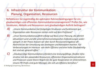 6. Infrastruktur der Kommunikation:
      Planung, Organisation, Ressourcen
  Reflektieren Sie regelmäßig die optimalen Rahmenbedingungen für ein
  glaubwürdiges und effizientes Kommunikationsmanagement? Prüfen Sie, wie
  Strukturen, Abläufe und Ressourcen zum glaubwürdigen Auftritt beitragen?
   A)      „Unsere Kommunikation hat festgelegte Strukturen und funktioniert gut.
           Organisation oder Ressourcen stehen nicht auf dem Prüfstand.“
   B)      „Unser Kommunikationsauftritt erfolgt auf Basis einer Planung, die jährlich
           aktualisiert wird und alle unternehmensstrategischen Anforderungen wider-
           spiegelt. In der Praxis müssen wir aber durch Ressourcenengpässe oft
           Abstriche bei der Umsetzung von Strategien und Konzepten machen. Für
           Verbesserungen im Interesse von mehr Effizienz und eine hohe Glaubwürdig-
           keit sind wir generell offen.“
   C)      „Glaubwürdige Kommunikation erfordert eine leistungsfähige, flexible Infra-
           struktur mit den passenden Ressourcen, effizienten Organisationsstrukturen
           und Prozessen sowie klaren Regeln für die gute Kooperation im Unternehmen.
           Unsere PR-Profis sind gute Manager, die sich um Effizienz bemühen.“
© Wolfgang Griepentrog, WordsValues
                                                                                         12
 