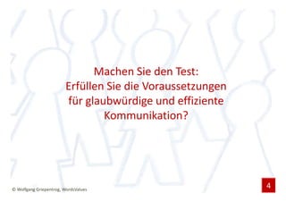 Machen Sie den Test:
                         Erfüllen Sie die Voraussetzungen
                         für glaubwürdige und effiziente
                                 Kommunikation?




© Wolfgang Griepentrog, WordsValues
                                                            4
 