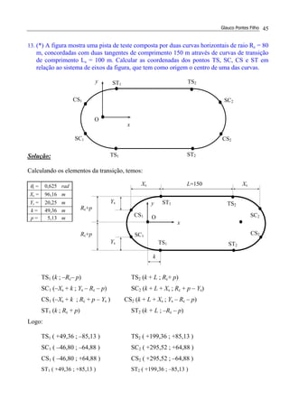 Glauco Pontes Filho 45
13. (*) A figura mostra uma pista de teste composta por duas curvas horizontais de raio Rc = 80
m, concordadas com duas tangentes de comprimento 150 m através de curvas de transição
de comprimento Ls = 100 m. Calcular as coordenadas dos pontos TS, SC, CS e ST em
relação ao sistema de eixos da figura, que tem como origem o centro de uma das curvas.
Solução:
Calculando os elementos da transição, temos:
θs = 0,625 rad
Xs = 96,16 m
Ys = 20,25 m
k = 49,36 m
p = 5,13 m
TS1 (k ; –Rc– p) TS2 (k + L ; Rc+ p)
SC1 (–Xs + k ; Ys – Rc – p) SC2 (k + L + Xs ; Rc + p – Ys)
CS1 (–Xs + k ; Rc + p – Ys ) CS2 (k + L + Xs ; Ys – Rc – p)
ST1 (k ; Rc + p) ST2 (k + L ; –Rc – p)
Logo:
TS1 ( +49,36 ; –85,13 ) TS2 ( +199,36 ; +85,13 )
SC1 ( –46,80 ; –64,88 ) SC2 ( +295,52 ; +64,88 )
CS1 ( –46,80 ; +64,88 ) CS2 ( +295,52 ; –64,88 )
ST1 ( +49,36 ; +85,13 ) ST2 ( +199,36 ; –85,13 )
y
x
TS1
CS2
SC2
TS2
SC1
CS1
ST1
O
ST2
y
x
TS1
CS2
SC2
TS2
SC1
CS1
ST1
O
ST2
Ys
Rc+p
Rc+p
Ys
k
Xs XsL=150
 