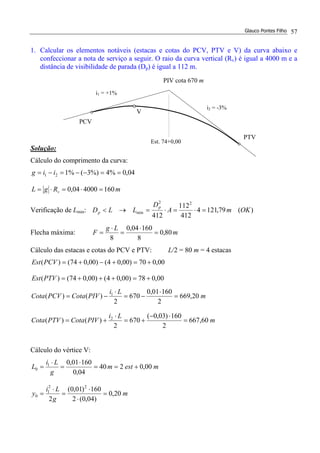 Glauco Pontes Filho 57
1. Calcular os elementos notáveis (estacas e cotas do PCV, PTV e V) da curva abaixo e
confeccionar a nota de serviço a seguir. O raio da curva vertical (Rv) é igual a 4000 m e a
distância de visibilidade de parada (Dp) é igual a 112 m.
Solução:
Cálculo do comprimento da curva:
mRgL
iig
v 160400004,0
04,0%4%)3(%121
=⋅=⋅=
==−−=−=
Verificação de Lmin: )(79,1214
412
112
412
22
min OKmA
D
LLD
p
p =⋅=⋅=→<
Flecha máxima: m
Lg
F 80,0
8
16004,0
8
=
⋅
=
⋅
=
Cálculo das estacas e cotas do PCV e PTV: L/2 = 80 m = 4 estacas
00,078)00,04()00,074()(
00,070)00,04()00,074()(
+=+++=
+=+−+=
PTVEst
PCVEst
m
Li
PIVCotaPTVCota
m
Li
PIVCotaPCVCota
60,667
2
160)03,0(
670
2
)()(
20,669
2
16001,0
670
2
)()(
2
1
=
⋅−
+=
⋅
+=
=
⋅
−=
⋅
−=
Cálculo do vértice V:
m
g
Li
y
mestm
g
Li
L
20,0
)04,0(2
160)01,0(
2
00,0240
04,0
16001,0
22
1
0
1
0
=
⋅
⋅
=
⋅
=
+==
⋅
=
⋅
=
V
i1 = +1%
i2 = -3%
PTV
PCV
PIV cota 670 m
Est. 74+0,00
 