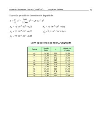 ESTRADAS DE RODAGEM – PROJETO GEOMÉTRICO Solução dos Exercícios 62
Expressão para cálculo das ordenadas da parábola:
2522
105,7
2002
03,0
2
xxx
L
g
f ⋅⋅=⋅
⋅
=⋅= −
75,090105,7
48,070105,727,050105,7
12,030105,703,010105,7
25
50
25
49
25
48
25
47
25
46
=⋅⋅=
=⋅⋅==⋅⋅=
=⋅⋅==⋅⋅=
−
−−
−−
f
ff
ff
NOTA DE SERVIÇO DE TERRAPLENAGEM
Estaca
Greide
Reto
f
Greide de
Projeto
45 124,00 0,00 124,00
46 123,80 0,03 123,77
47 123,60 0,12 123,48
48 123,40 0,27 123,13
49 123,20 0,48 122,72
50 123,00 0,75 122,25
51 122,20 0,48 121,72
52 121,40 0,27 121,13
53 120,60 0,12 120,48
54 119,80 0,03 119,77
55 119,00 0,00 119,00
 