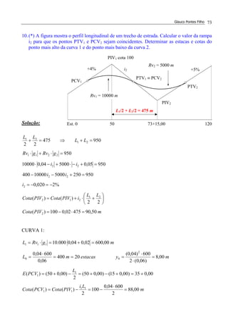 Glauco Pontes Filho 73
10.(*) A figura mostra o perfil longitudinal de um trecho de estrada. Calcular o valor da rampa
i2 para que os pontos PTV1 e PCV2 sejam coincidentes. Determinar as estacas e cotas do
ponto mais alto da curva 1 e do ponto mais baixo da curva 2.
Solução:
mPIVCota
LL
iPIVCotaPIVCota
i
ii
ii
gRvgRv
LL
LL
50,9047502,0100)(
22
)()(
%2020,0
950250500010000400
95005,0500004,010000
950
950475
22
2
21
212
2
22
22
2211
21
21
=⋅−=






+⋅+=
−=−=
=+−−
=+−⋅+−⋅
=⋅+⋅
=+⇒=+
CURVA 1:
m
Li
PIVCotaPCVCota
L
PCVE
myestacasmL
mgRvL
00,88
2
60004,0
100
2
)()(
00,035)00,015()00,050(
2
)00,050()(
00,8
)06,0(2
600)04,0(
20400
06,0
60004,0
00,60002,004,0000.10
11
11
1
1
2
00
111
=
⋅
−=−=
+=+−+=−+=
=
⋅
⋅
===
⋅
=
=+=⋅=
PCV1
i2+4% +5%
PIV1 cota 100
PTV1 ≡ PCV2
Rv2 = 5000 m
12073+15,0050Est. 0
Rv1 = 10000 m
PTV2
PIV2
L1/2 + L2/2 = 475 m
 
