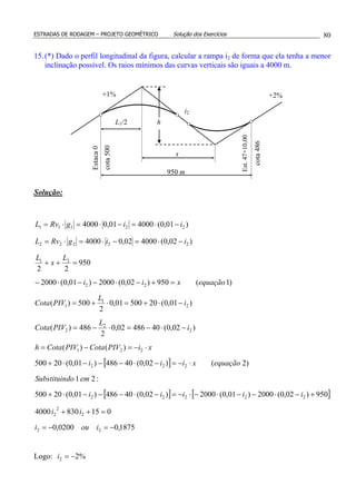 ESTRADAS DE RODAGEM – PROJETO GEOMÉTRICO Solução dos Exercícios 80
15.(*) Dado o perfil longitudinal da figura, calcular a rampa i2 de forma que ela tenha a menor
inclinação possível. Os raios mínimos das curvas verticais são iguais a 4000 m.
Solução:
[ ]
[ ] [ ]
1875,00200,0
0158304000
950)02,0(2000)01,0(2000)02,0(40486)01,0(20500
:21
)2()02,0(40486)01,0(20500
)()(
)02,0(4048602,0
2
486)(
)01,0(2050001,0
2
500)(
)1(950)02,0(2000)01,0(2000
950
22
)02,0(400002,04000
)01,0(400001,04000
22
2
2
2
22222
222
221
2
2
2
2
1
1
22
21
22222
22111
−=−=
=++
+−⋅−−⋅−⋅−=−⋅−−−⋅+
⋅−=−⋅−−−⋅+
⋅−=−=
−⋅−=⋅−=
−⋅+=⋅+=
=+−⋅−−⋅−
=++
−⋅=−⋅=⋅=
−⋅=−⋅=⋅=
ioui
ii
iiiii
emdoSubstituin
equaçãoxiii
xiPIVCotaPIVCotah
i
L
PIVCota
i
L
PIVCota
equaçãoxii
L
x
L
iigRvL
iigRvL
Logo: %22 −=i
x
i2
+1% +2%Estaca0
950 m
cota500
Est.47+10,00
cota486
L1/2 h
 