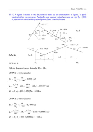 Glauco Pontes Filho 81
16.(*) A figura 1 mostra o eixo da planta do ramo de um cruzamento e a figura 2 o perfil
longitudinal do mesmo ramo. Adotando para a curva vertical convexa um raio Rv = 5000
m, determinar o maior raio possível para a curva vertical côncava.
Solução:
FIGURA 1:
Cálculo do comprimento do trecho TS1 – ST2:
CURVA 1, trecho circular:
mRD
rads
rad
R
Ls
s
81,105)05807,1(100
05807,1)3,0(2
º180
º95
2
180
3000,0
100*2
60
2
111
1
1
1
1
1
1
=⋅=⋅=
=−
⋅
=−
°
⋅°∆
=
===
φ
π
θ
π
φ
θ
CURVA 2, trecho circular:
mRD
rads
rad
R
Ls
s
08,117)58540,0(200
58540,0)1,0(2
º180
º45
2
180
1000,0
200*2
40
2
222
2
2
2
2
2
2
=⋅=⋅=
=−
⋅
=−
°
⋅°∆
=
===
φ
π
θ
π
φ
θ
∆1 = 95º
TS1
∆2 = 45º
SC1
CS1
ST1
TS2
SC2
ST2
CS2
R1 = 100 m
R2 = 200 m
200 m
Ls1 = 60 m
Ls2 = 40 m
PIV1
PIV2
x y
L2/2 L2/2
-1% +5% -1%
TS1 ST2
PCV2
Cota 100,00
Cota 113
Cota 114,50
Fig. 1
Fig. 2
 