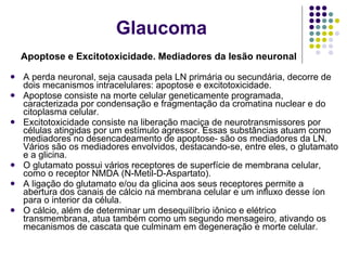 Apoptose e Excitotoxicidade. Mediadores da lesão neuronal A perda neuronal, seja causada pela LN primária ou secundária, decorre de dois mecanismos intracelulares: apoptose e excitotoxicidade. Apoptose consiste na morte celular geneticamente programada, caracterizada por condensação e fragmentação da cromatina nuclear e do citoplasma celular. Excitotoxicidade consiste na liberação maciça de neurotransmissores por células atingidas por um estímulo agressor. Essas substâncias atuam como mediadores no desencadeamento de apoptose- são os mediadores da LN. Vários são os mediadores envolvidos, destacando-se, entre eles, o glutamato e a glicina. O glutamato possui vários receptores de superfície de membrana celular, como o receptor NMDA (N-Metil-D-Aspartato). A ligação do glutamato e/ou da glicina aos seus receptores permite a abertura dos canais de cálcio na membrana celular e um influxo desse íon para o interior da célula. O cálcio, além de determinar um desequilíbrio iônico e elétrico transmembrana, atua também como um segundo mensageiro, ativando os mecanismos de cascata que culminam em degeneração e morte celular.  Glaucoma 