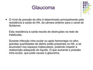 O nível da pressão do olho é determinado principalmente pela resistência à saída do HA, da câmara anterior para o canal de Schlemm.  Esta resistência à saída resulta de obstruções na rede de trabéculas.  Durante infecção intra ocular ou após hemorragia no olho, grandes quantidades de debris estão presentes no HA ,e se acumulam nos espaços trabeculares, podendo impedir a reabsorção adequada do líquido. O que aumenta a pressão intra-ocular, que pode causar o glaucoma. Glaucoma 