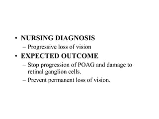 NURSING DIAGNOSIS Progressive loss of vision EXPECTED OUTCOME Stop progression of POAG and damage to retinal ganglion cells. Prevent permanent loss of vision. 