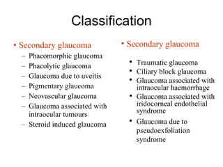 Classification Secondary glaucoma  Phacomorphic glaucoma Phacolytic glaucoma Glaucoma due to uveitis Pigmentary glaucoma Neovascular glaucoma Glaucoma associated with intraocular tumours Steroid induced glaucoma Secondary glaucoma   Traumatic glaucoma Ciliary block glaucoma Glaucoma associated with intraocular haemorrhage Glaucoma associated with iridocorneal endothelial syndrome Glaucoma due to pseudoexfoliation syndrome 