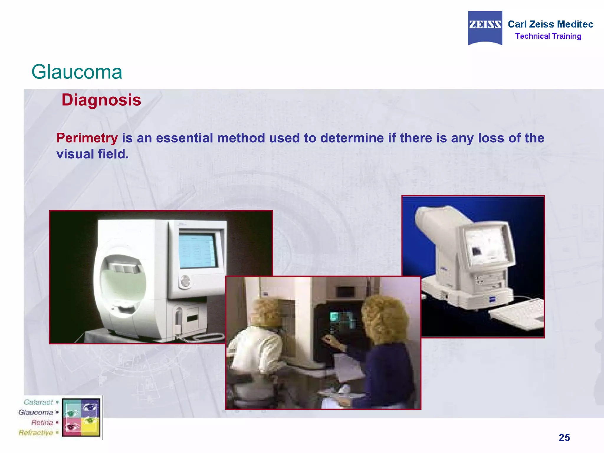 Diagnosis Perimetry  is an essential method used to determine if there is any loss of the visual field. Glaucoma 