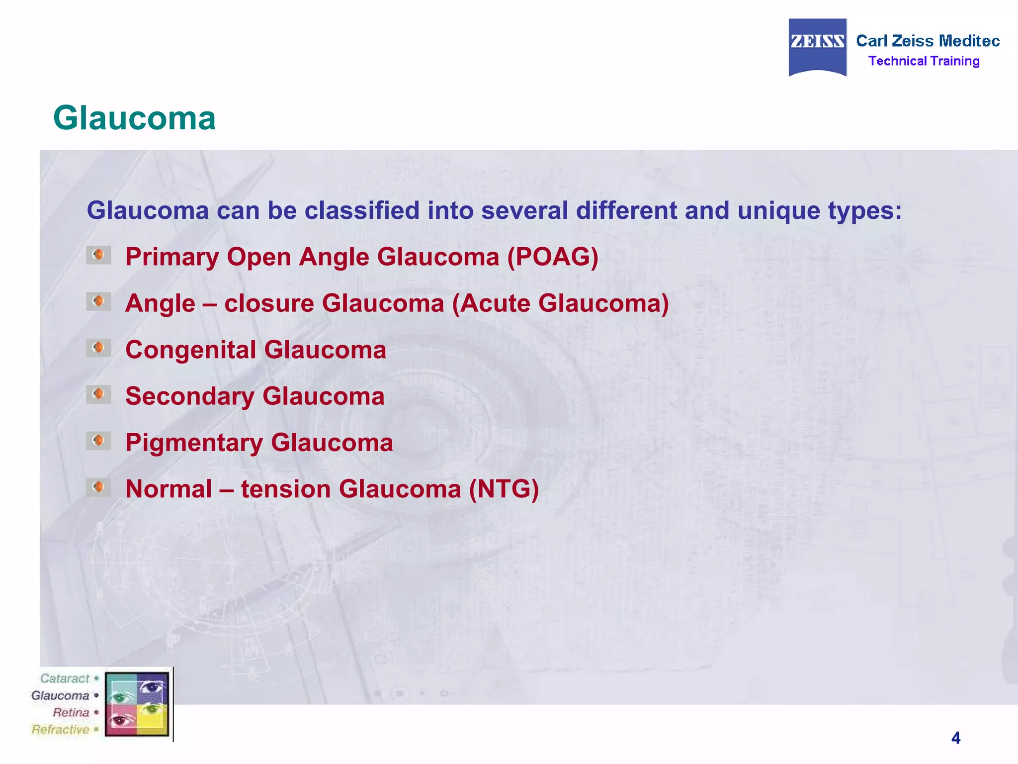 Glaucoma Glaucoma can be classified into several different and unique types: Primary Open Angle Glaucoma (POAG) Angle – closure Glaucoma (Acute Glaucoma) Congenital Glaucoma Secondary Glaucoma Pigmentary Glaucoma Normal – tension Glaucoma (NTG) 