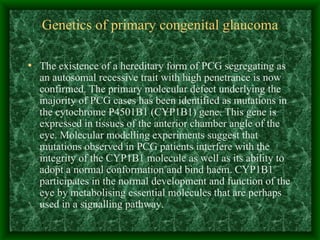 Genetics of primary congenital glaucoma The existence of a hereditary form of PCG segregating as an autosomal recessive trait with high penetrance is now confirmed. The primary molecular defect underlying the majority of PCG cases has been identified as mutations in the cytochrome P4501B1 (CYP1B1) gene. This gene is expressed in tissues of the anterior chamber angle of the eye. Molecular modelling experiments suggest that mutations observed in PCG patients interfere with the integrity of the CYP1B1 molecule as well as its ability to adopt a normal conformation and bind haem. CYP1B1 participates in the normal development and function of the eye by metabolising essential molecules that are perhaps used in a signalling pathway.  