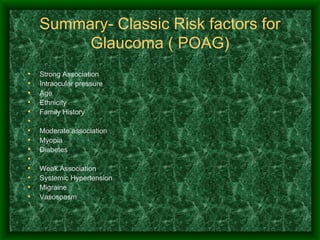 Summary- Classic Risk factors for Glaucoma ( POAG) Strong Association Intraocular pressure Age  Ethnicity Family History   Moderate association Myopia Diabetes   Weak Association Systemic Hypertension Migraine Vasospasm 