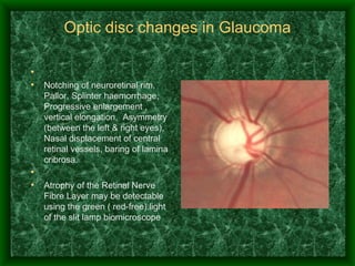 Optic disc changes in Glaucoma   Notching of neuroretinal rim, Pallor, Splinter haemorrhage, Progressive enlargement , vertical elongation,  Asymmetry (between the left & right eyes), Nasal displacement of central retinal vessels, baring of lamina cribrosa.    Atrophy of the Retinal Nerve Fibre Layer may be detectable using the green ( red-free) light of the slit lamp biomicroscope   